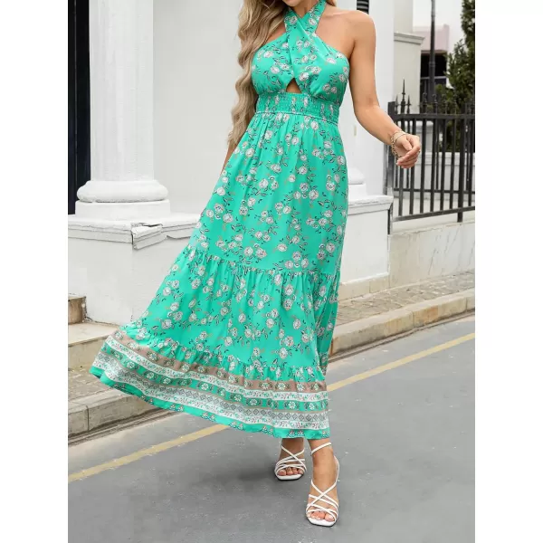 imageZESICA Womens Summer Crossover Halter Neck Sleeveless Plaid Cut Out Backless Flowy A Line Maxi DressAqua