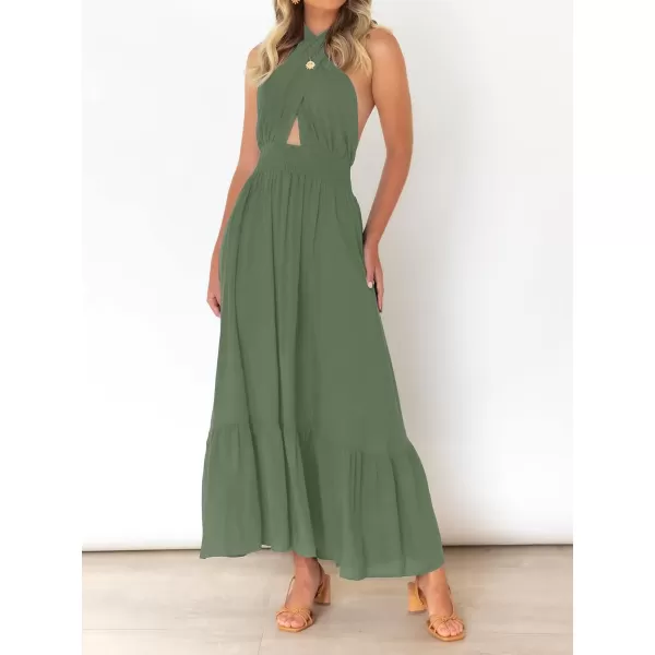 imageZESICA Womens Summer Crossover Halter Neck Sleeveless Plaid Cut Out Backless Flowy A Line Maxi DressArmygreen