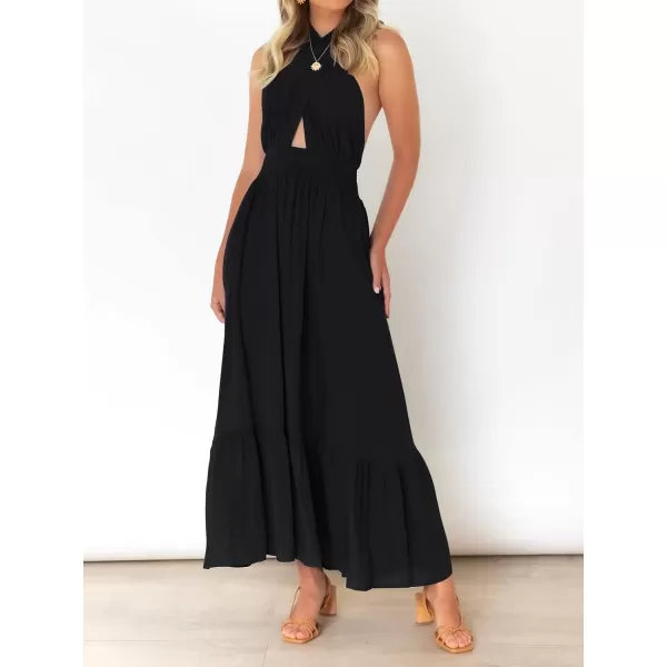 imageZESICA Womens Summer Crossover Halter Neck Sleeveless Plaid Cut Out Backless Flowy A Line Maxi DressBlack