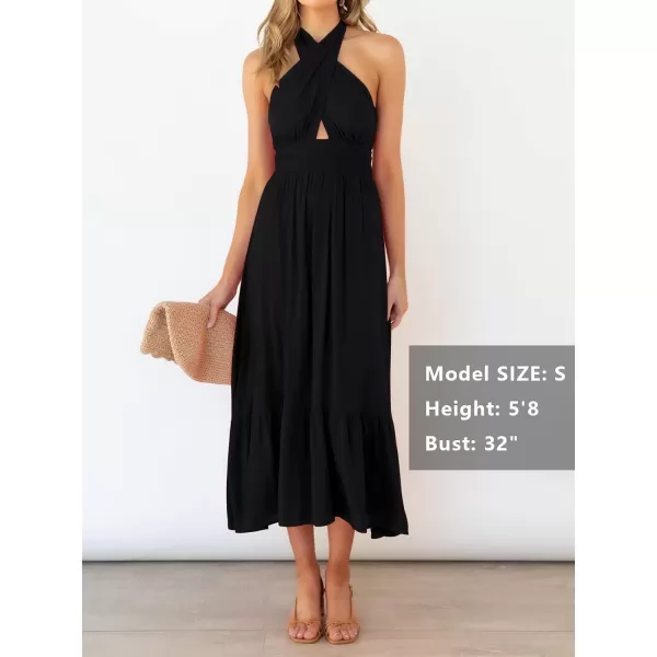 imageZESICA Womens Summer Crossover Halter Neck Sleeveless Plaid Cut Out Backless Flowy A Line Maxi DressBlack