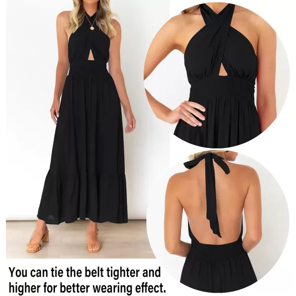 imageZESICA Womens Summer Crossover Halter Neck Sleeveless Plaid Cut Out Backless Flowy A Line Maxi DressBlack
