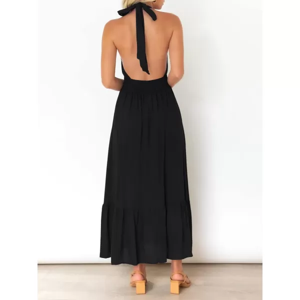 imageZESICA Womens Summer Crossover Halter Neck Sleeveless Plaid Cut Out Backless Flowy A Line Maxi DressBlack
