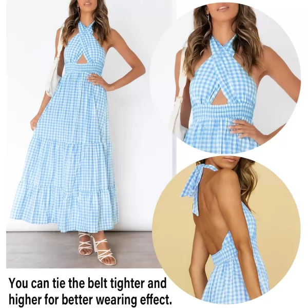imageZESICA Womens Summer Crossover Halter Neck Sleeveless Plaid Cut Out Backless Flowy A Line Maxi DressBlue