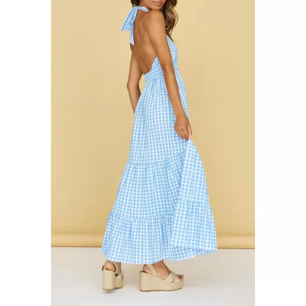 imageZESICA Womens Summer Crossover Halter Neck Sleeveless Plaid Cut Out Backless Flowy A Line Maxi DressBlue