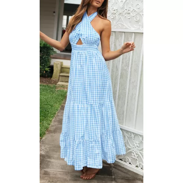 imageZESICA Womens Summer Crossover Halter Neck Sleeveless Plaid Cut Out Backless Flowy A Line Maxi DressBlue
