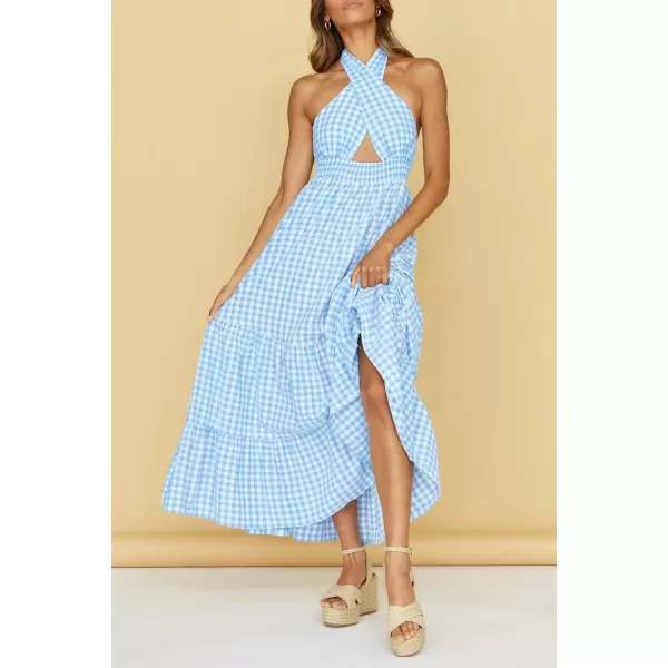 imageZESICA Womens Summer Crossover Halter Neck Sleeveless Plaid Cut Out Backless Flowy A Line Maxi DressBlue