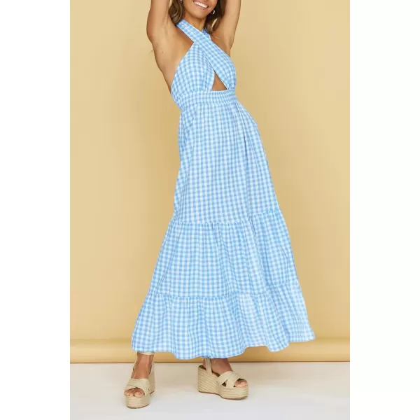 imageZESICA Womens Summer Crossover Halter Neck Sleeveless Plaid Cut Out Backless Flowy A Line Maxi DressBlue