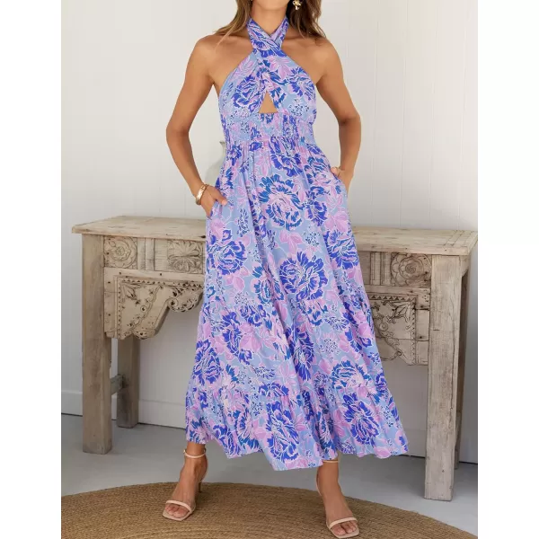 imageZESICA Womens Summer Crossover Halter Neck Sleeveless Plaid Cut Out Backless Flowy A Line Maxi DressBluishviolet