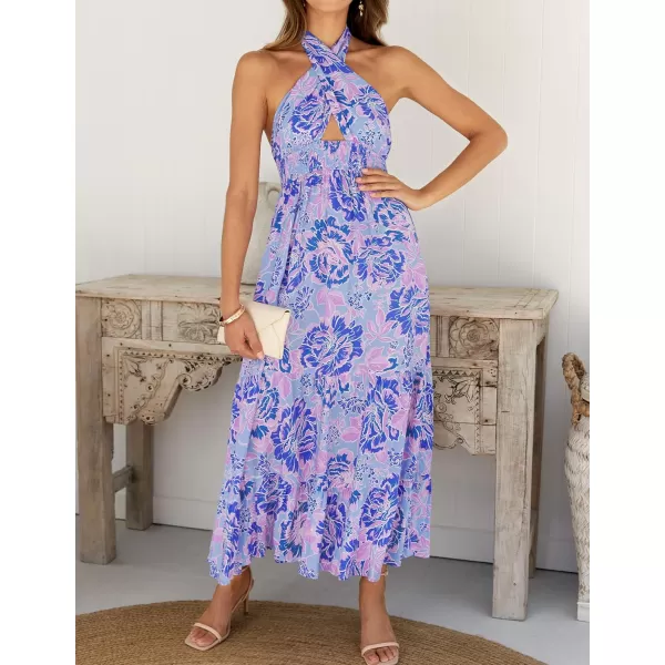 imageZESICA Womens Summer Crossover Halter Neck Sleeveless Plaid Cut Out Backless Flowy A Line Maxi DressBluishviolet