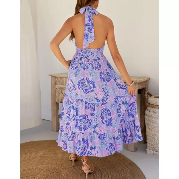 imageZESICA Womens Summer Crossover Halter Neck Sleeveless Plaid Cut Out Backless Flowy A Line Maxi DressBluishviolet