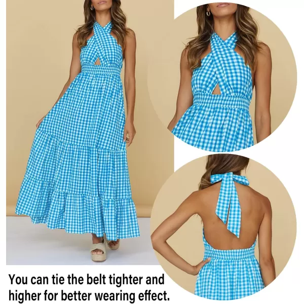 imageZESICA Womens Summer Crossover Halter Neck Sleeveless Plaid Cut Out Backless Flowy A Line Maxi DressBrightblue