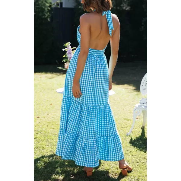 imageZESICA Womens Summer Crossover Halter Neck Sleeveless Plaid Cut Out Backless Flowy A Line Maxi DressBrightblue