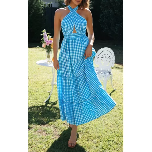 imageZESICA Womens Summer Crossover Halter Neck Sleeveless Plaid Cut Out Backless Flowy A Line Maxi DressBrightblue