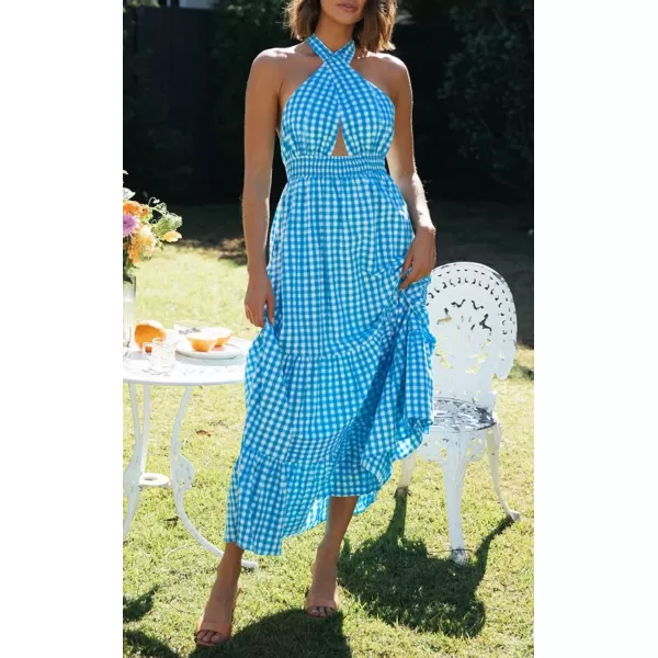imageZESICA Womens Summer Crossover Halter Neck Sleeveless Plaid Cut Out Backless Flowy A Line Maxi DressBrightblue