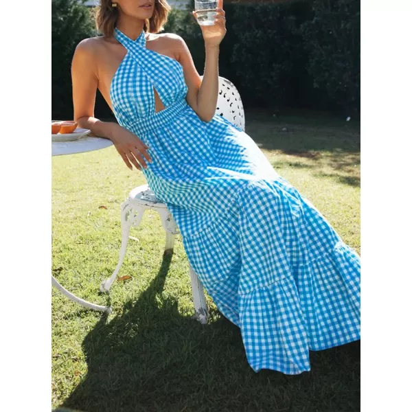 imageZESICA Womens Summer Crossover Halter Neck Sleeveless Plaid Cut Out Backless Flowy A Line Maxi DressBrightblue