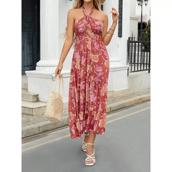 imageZESICA Womens Summer Crossover Halter Neck Sleeveless Plaid Cut Out Backless Flowy A Line Maxi DressBurntbrick
