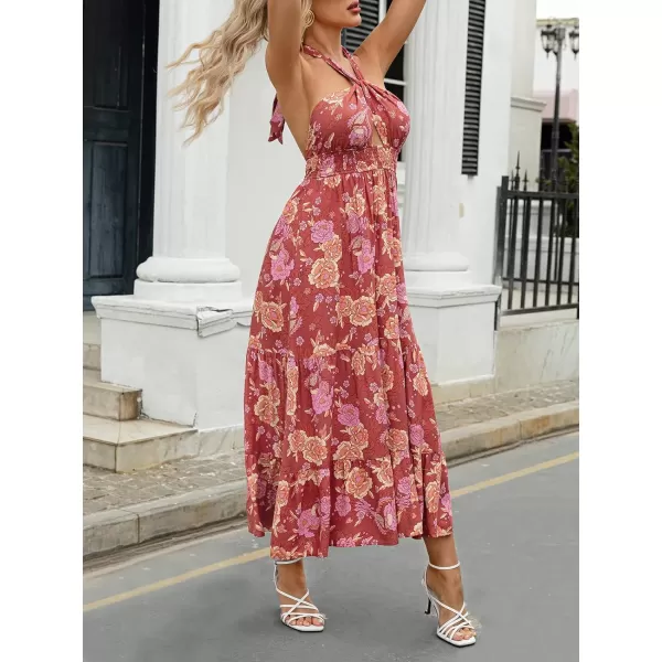 imageZESICA Womens Summer Crossover Halter Neck Sleeveless Plaid Cut Out Backless Flowy A Line Maxi DressBurntbrick