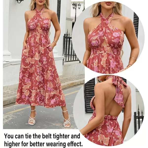 imageZESICA Womens Summer Crossover Halter Neck Sleeveless Plaid Cut Out Backless Flowy A Line Maxi DressBurntbrick