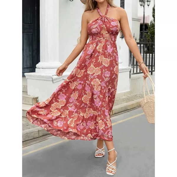 imageZESICA Womens Summer Crossover Halter Neck Sleeveless Plaid Cut Out Backless Flowy A Line Maxi DressBurntbrick