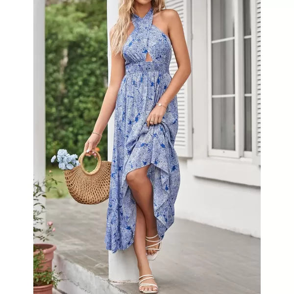 imageZESICA Womens Summer Crossover Halter Neck Sleeveless Plaid Cut Out Backless Flowy A Line Maxi DressDarkblue