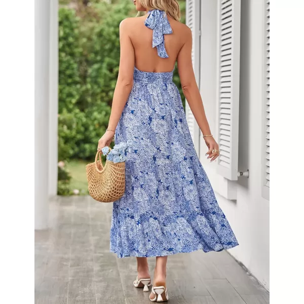imageZESICA Womens Summer Crossover Halter Neck Sleeveless Plaid Cut Out Backless Flowy A Line Maxi DressDarkblue