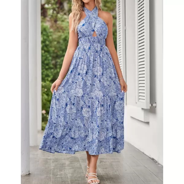 imageZESICA Womens Summer Crossover Halter Neck Sleeveless Plaid Cut Out Backless Flowy A Line Maxi DressDarkblue