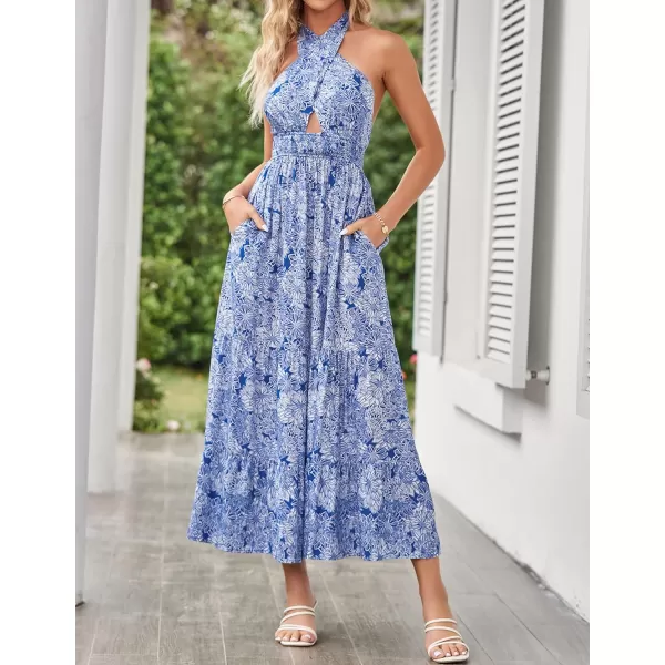 imageZESICA Womens Summer Crossover Halter Neck Sleeveless Plaid Cut Out Backless Flowy A Line Maxi DressDarkblue