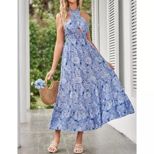 imageZESICA Womens Summer Crossover Halter Neck Sleeveless Plaid Cut Out Backless Flowy A Line Maxi DressDarkblue