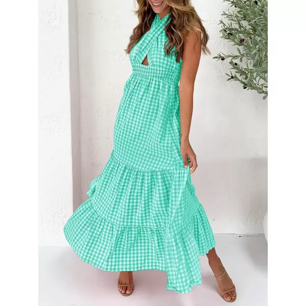imageZESICA Womens Summer Crossover Halter Neck Sleeveless Plaid Cut Out Backless Flowy A Line Maxi DressGreen