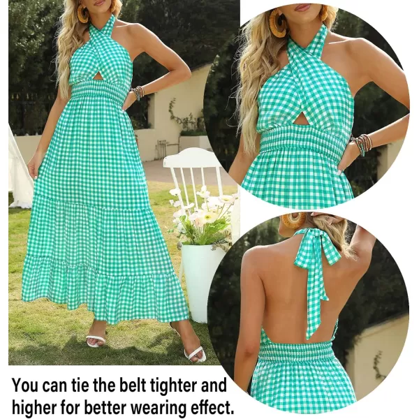 imageZESICA Womens Summer Crossover Halter Neck Sleeveless Plaid Cut Out Backless Flowy A Line Maxi DressGreen