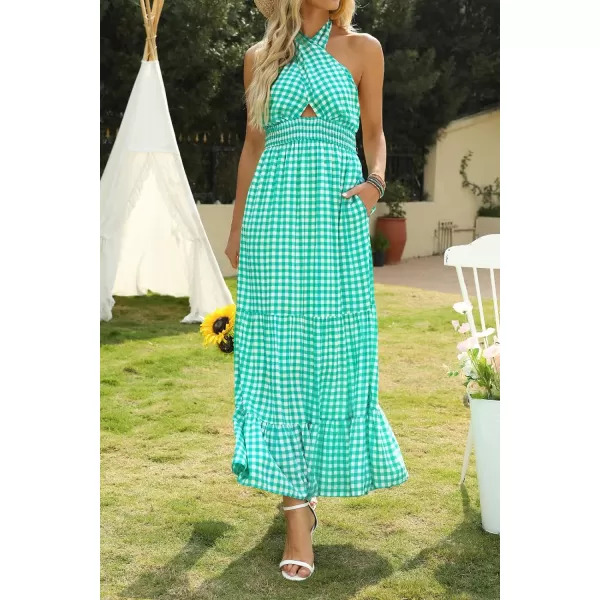 imageZESICA Womens Summer Crossover Halter Neck Sleeveless Plaid Cut Out Backless Flowy A Line Maxi DressGreen