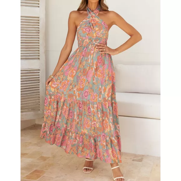 imageZESICA Womens Summer Crossover Halter Neck Sleeveless Plaid Cut Out Backless Flowy A Line Maxi DressGreygreen