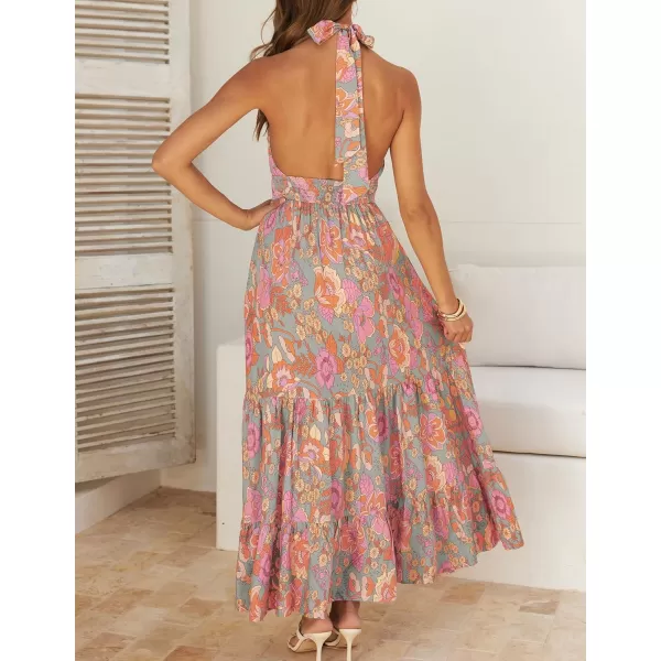 imageZESICA Womens Summer Crossover Halter Neck Sleeveless Plaid Cut Out Backless Flowy A Line Maxi DressGreygreen