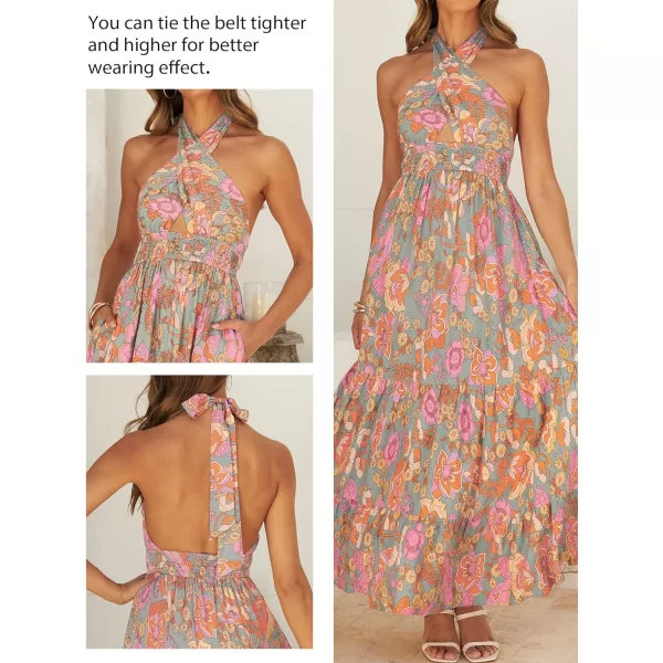 imageZESICA Womens Summer Crossover Halter Neck Sleeveless Plaid Cut Out Backless Flowy A Line Maxi DressGreygreen