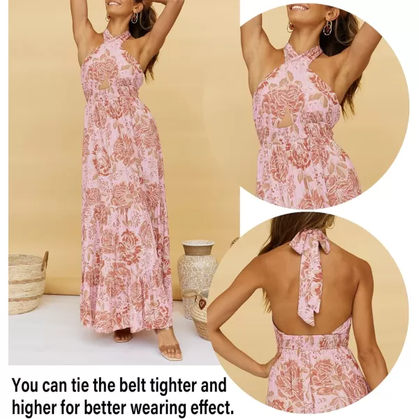 imageZESICA Womens Summer Crossover Halter Neck Sleeveless Plaid Cut Out Backless Flowy A Line Maxi DressLightbrown