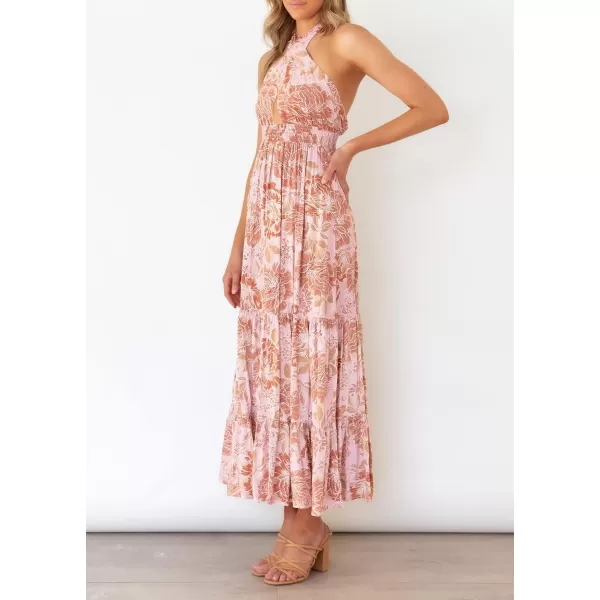 imageZESICA Womens Summer Crossover Halter Neck Sleeveless Plaid Cut Out Backless Flowy A Line Maxi DressLightbrown