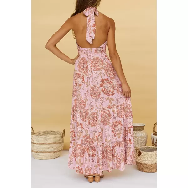 imageZESICA Womens Summer Crossover Halter Neck Sleeveless Plaid Cut Out Backless Flowy A Line Maxi DressLightbrown