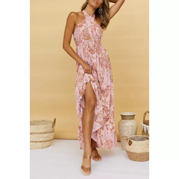 imageZESICA Womens Summer Crossover Halter Neck Sleeveless Plaid Cut Out Backless Flowy A Line Maxi DressLightbrown