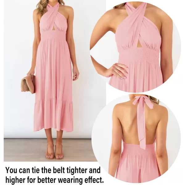 imageZESICA Womens Summer Crossover Halter Neck Sleeveless Plaid Cut Out Backless Flowy A Line Maxi DressLightpink