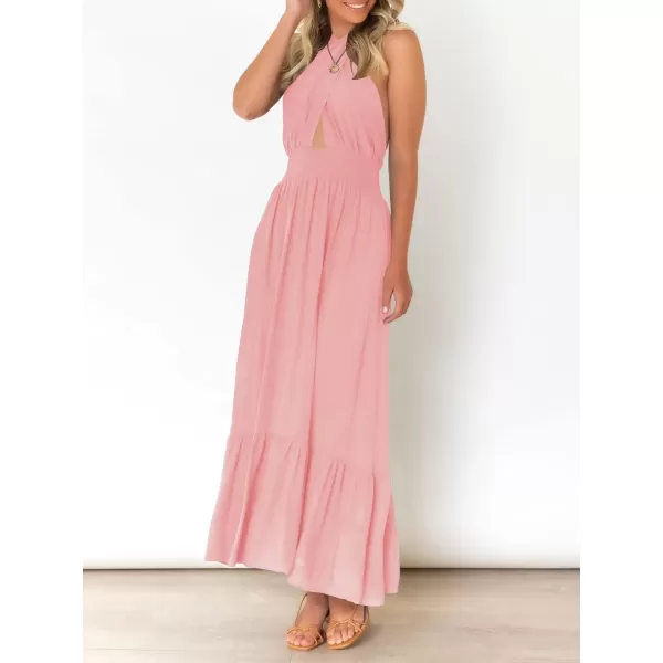 imageZESICA Womens Summer Crossover Halter Neck Sleeveless Plaid Cut Out Backless Flowy A Line Maxi DressLightpink