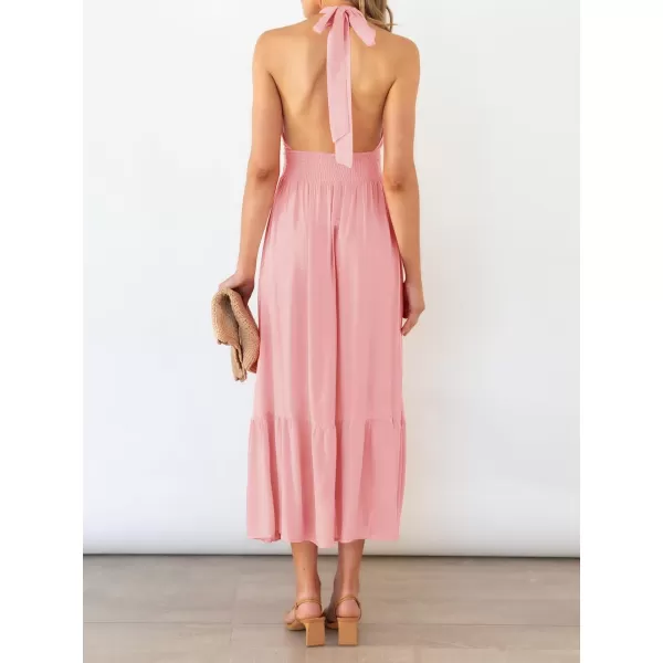 imageZESICA Womens Summer Crossover Halter Neck Sleeveless Plaid Cut Out Backless Flowy A Line Maxi DressLightpink