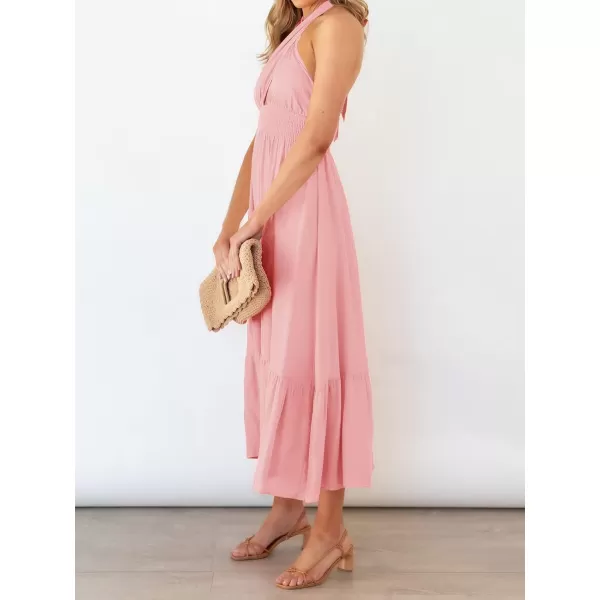imageZESICA Womens Summer Crossover Halter Neck Sleeveless Plaid Cut Out Backless Flowy A Line Maxi DressLightpink