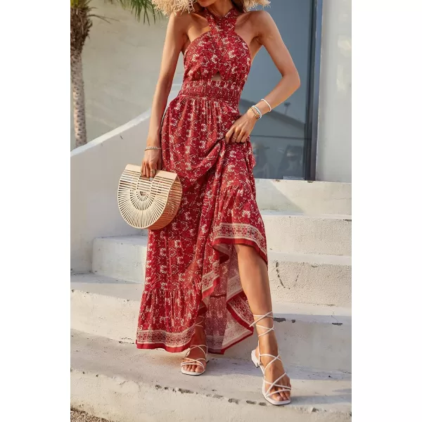 imageZESICA Womens Summer Crossover Halter Neck Sleeveless Plaid Cut Out Backless Flowy A Line Maxi DressLycheered