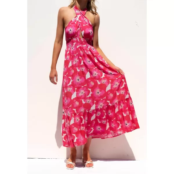 imageZESICA Womens Summer Crossover Halter Neck Sleeveless Plaid Cut Out Backless Flowy A Line Maxi DressMagenta