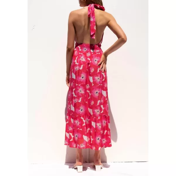 imageZESICA Womens Summer Crossover Halter Neck Sleeveless Plaid Cut Out Backless Flowy A Line Maxi DressMagenta