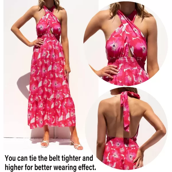 imageZESICA Womens Summer Crossover Halter Neck Sleeveless Plaid Cut Out Backless Flowy A Line Maxi DressMagenta