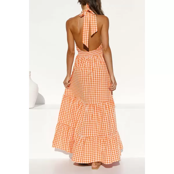 imageZESICA Womens Summer Crossover Halter Neck Sleeveless Plaid Cut Out Backless Flowy A Line Maxi DressOrange