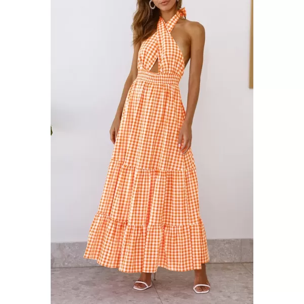imageZESICA Womens Summer Crossover Halter Neck Sleeveless Plaid Cut Out Backless Flowy A Line Maxi DressOrange