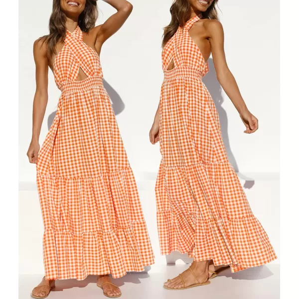 imageZESICA Womens Summer Crossover Halter Neck Sleeveless Plaid Cut Out Backless Flowy A Line Maxi DressOrange