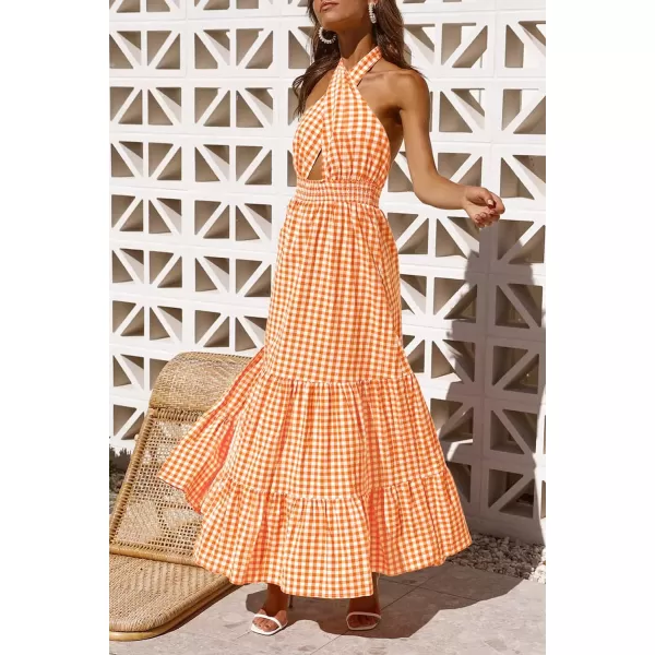 imageZESICA Womens Summer Crossover Halter Neck Sleeveless Plaid Cut Out Backless Flowy A Line Maxi DressOrange